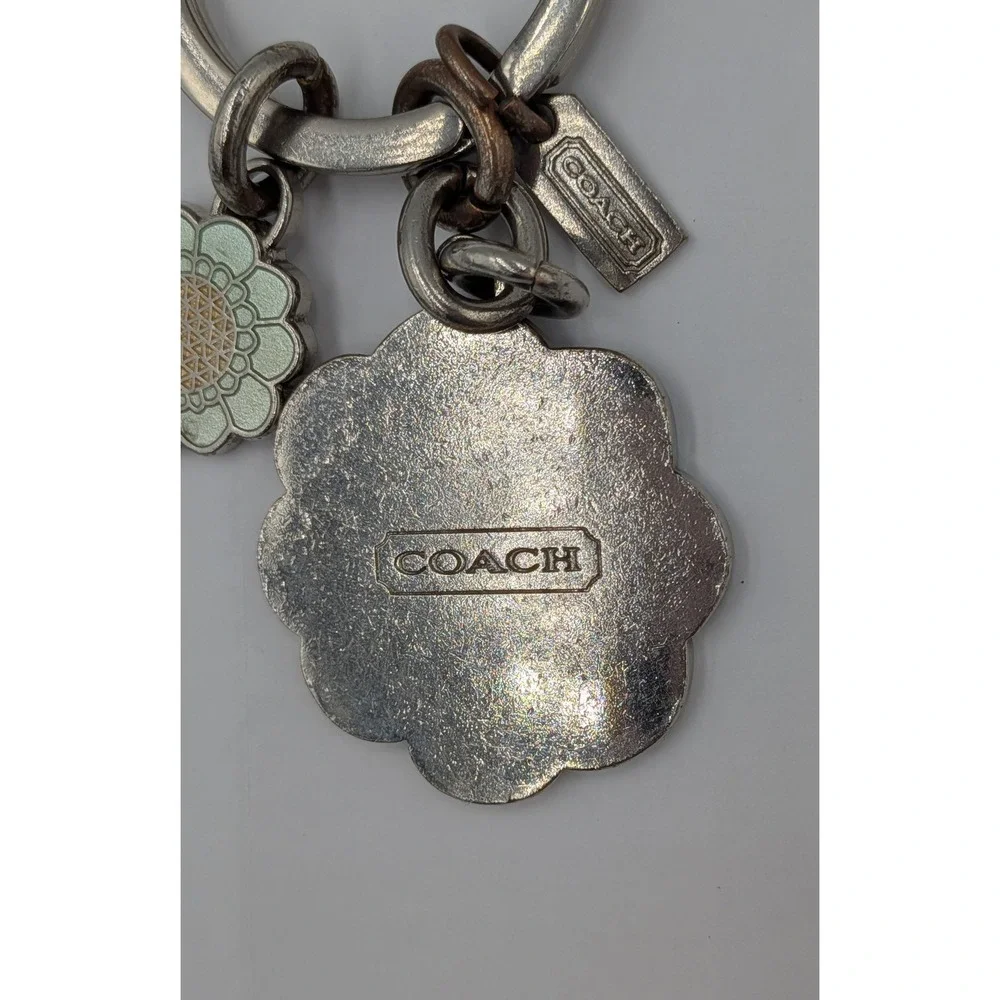 Coach Floral Patchwork Keychain Vintage Silver Multicolor Signature Bag Charm